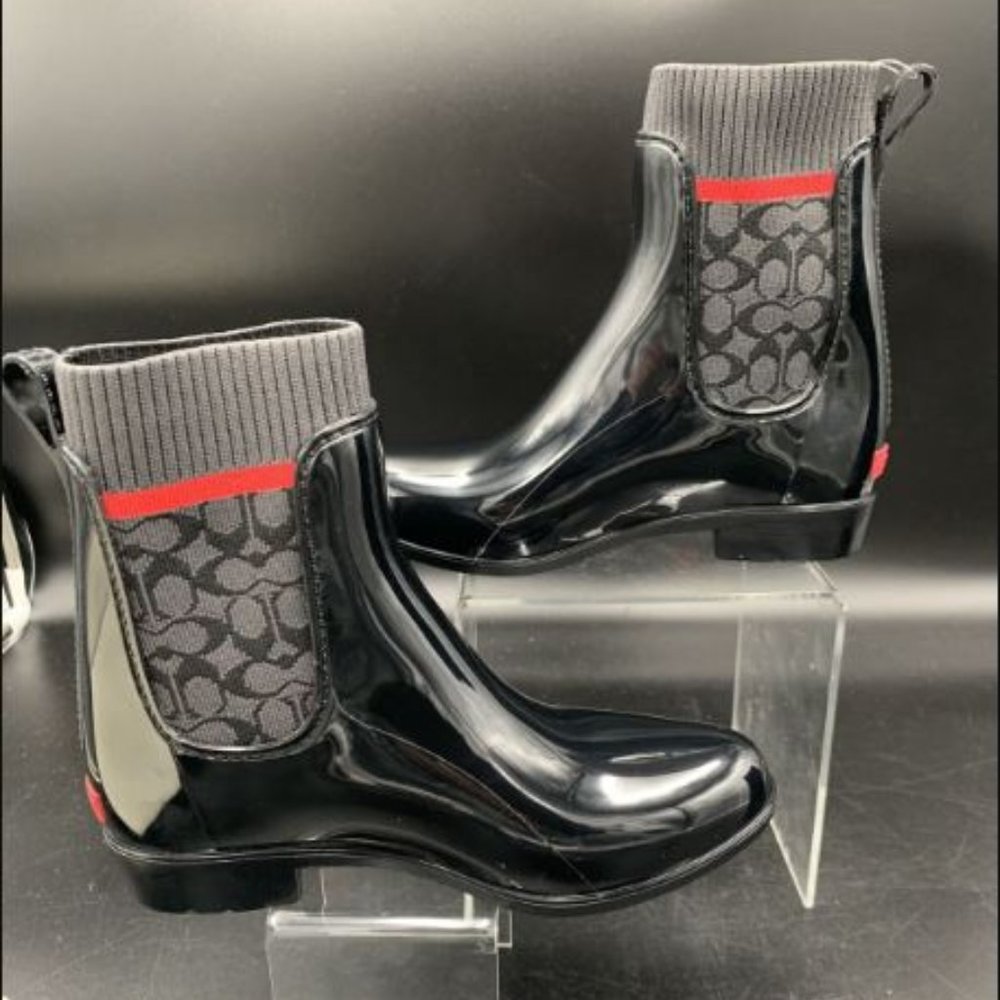 Coach Black Patent Chelsea Rain Ankle Boots with Signature Knit